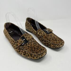 Stuart Weitzman Buckleberry Brown Black Leopard Suede Driving Mocs Loafers 11.5